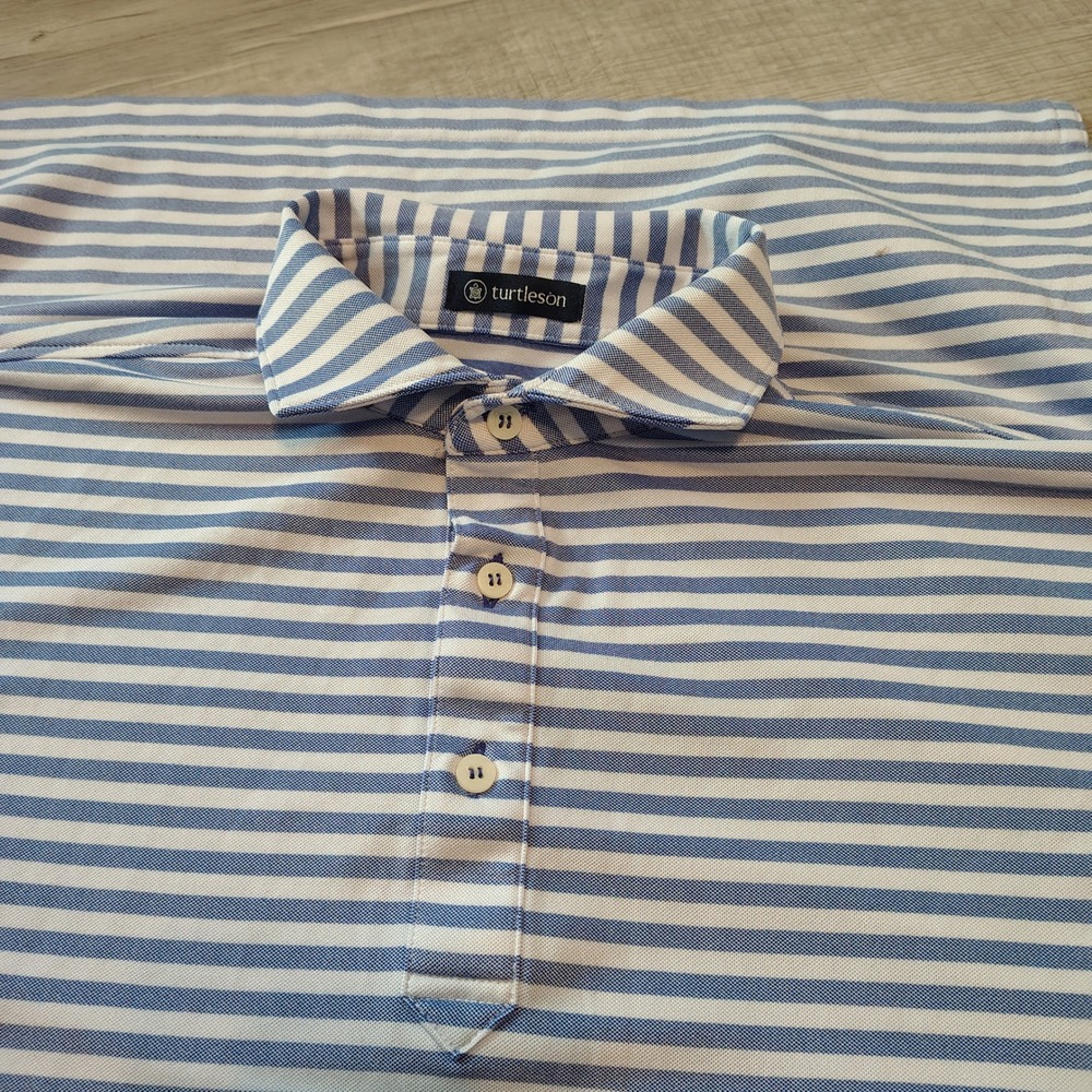 Turtleson Mens Blue White Striped Short Sleeve Polo Shirt Medium Golf Casual